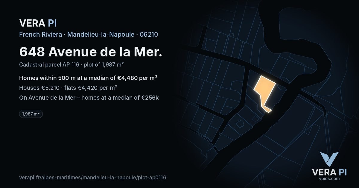 648 Avenue de la Mer, Mandelieu-la-Napoule at night – the plot lit, the parcels around coloured by the prices near them