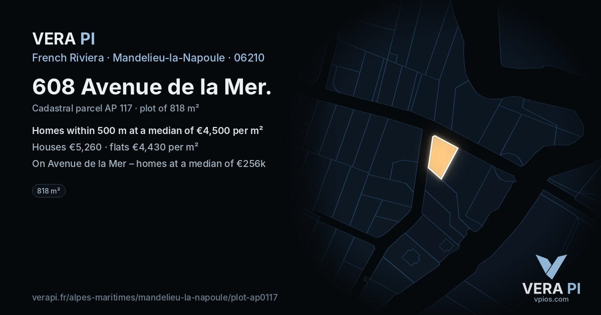608 Avenue de la Mer, Mandelieu-la-Napoule at night – the plot lit, the parcels around coloured by the prices near them