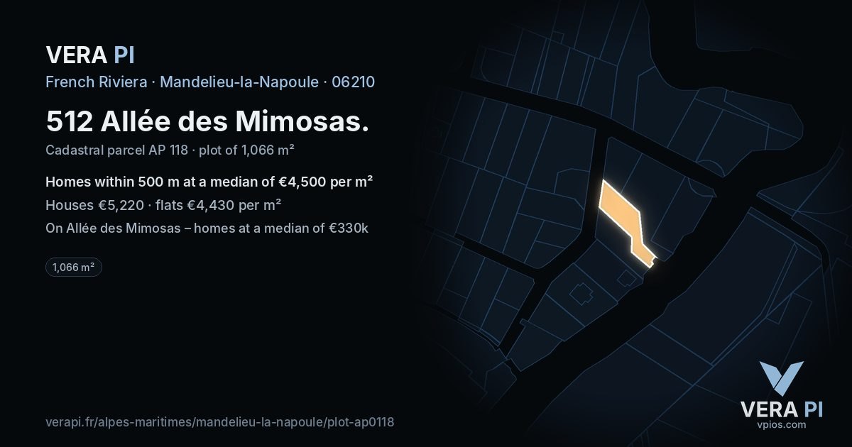 512 Allée des Mimosas, Mandelieu-la-Napoule at night – the plot lit, the parcels around coloured by the prices near them