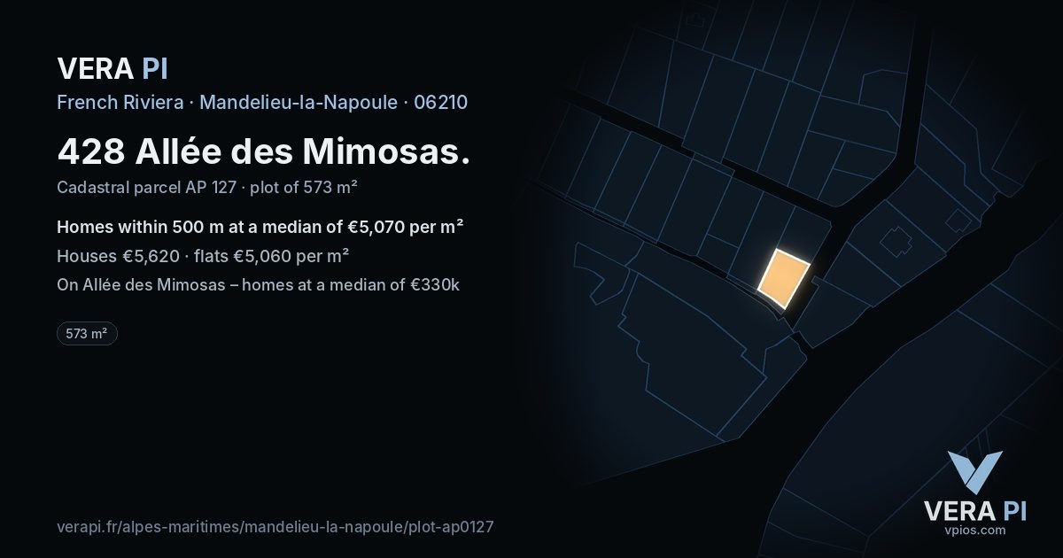 428 Allée des Mimosas, Mandelieu-la-Napoule at night – the plot lit, the parcels around coloured by the prices near them