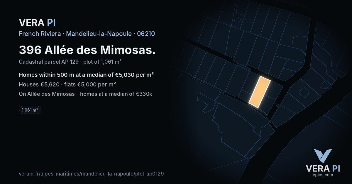 396 Allée des Mimosas, Mandelieu-la-Napoule at night – the plot lit, the parcels around coloured by the prices near them