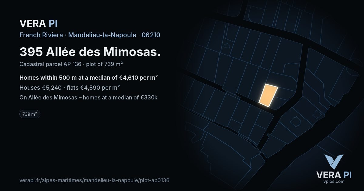 395 Allée des Mimosas, Mandelieu-la-Napoule at night – the plot lit, the parcels around coloured by the prices near them