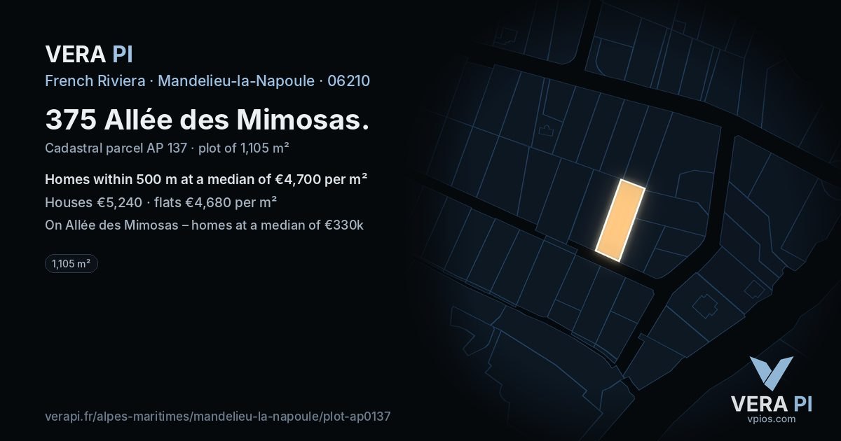 375 Allée des Mimosas, Mandelieu-la-Napoule at night – the plot lit, the parcels around coloured by the prices near them