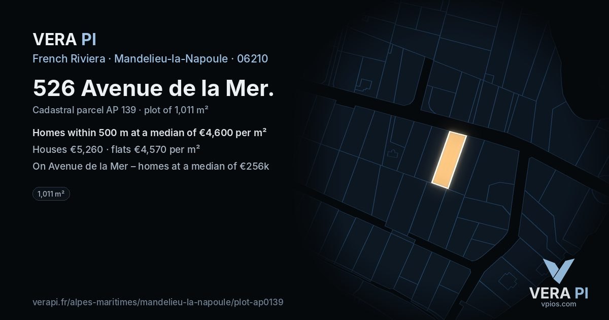 526 Avenue de la Mer, Mandelieu-la-Napoule at night – the plot lit, the parcels around coloured by the prices near them