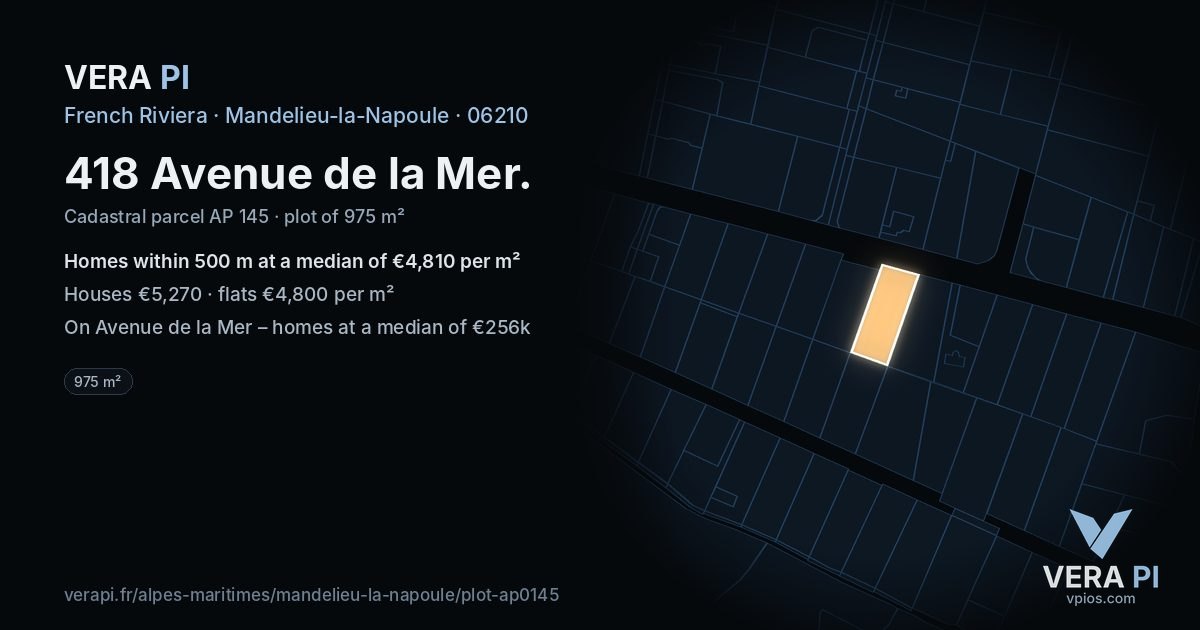 418 Avenue de la Mer, Mandelieu-la-Napoule at night – the plot lit, the parcels around coloured by the prices near them