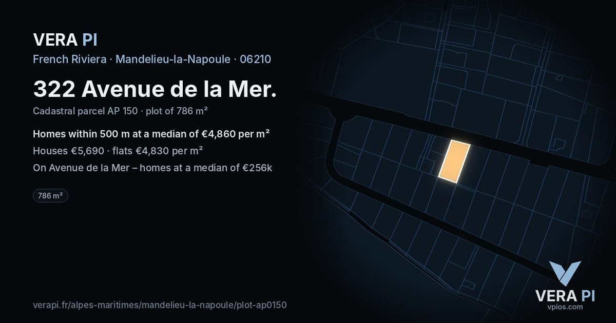 322 Avenue de la Mer, Mandelieu-la-Napoule at night – the plot lit, the parcels around coloured by the prices near them