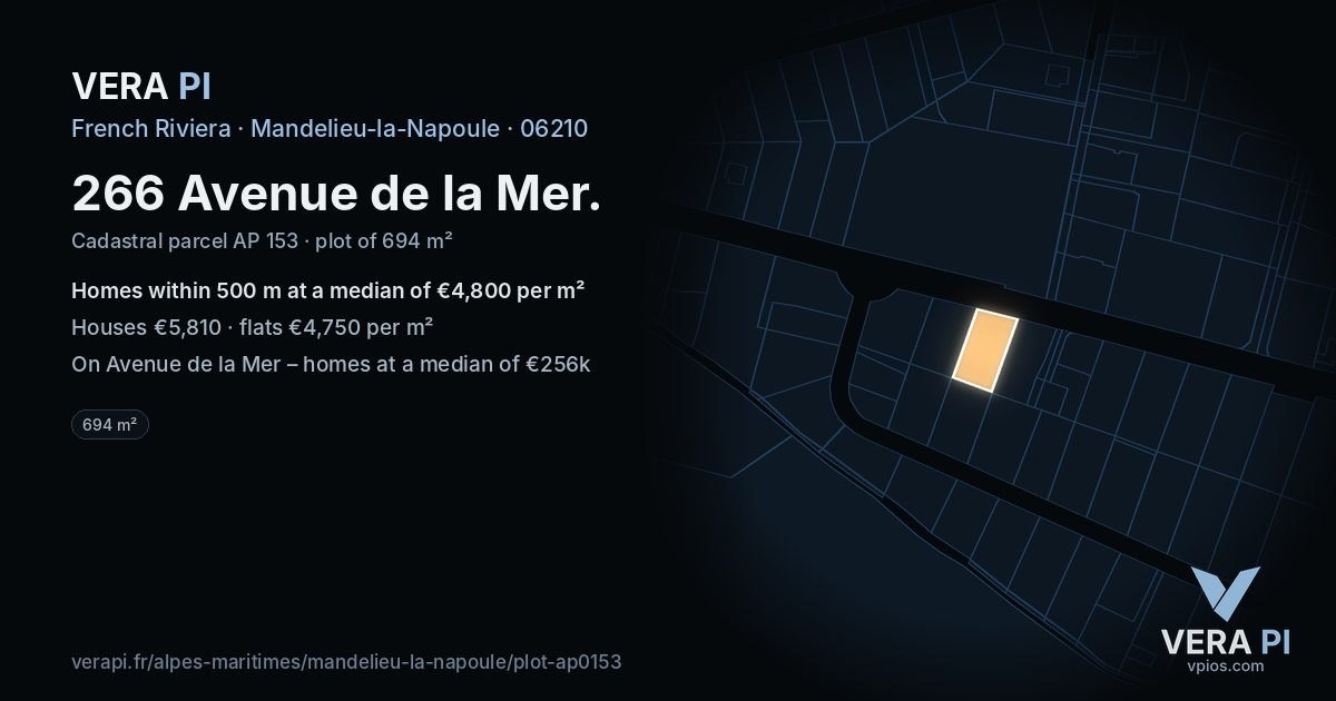 266 Avenue de la Mer, Mandelieu-la-Napoule at night – the plot lit, the parcels around coloured by the prices near them