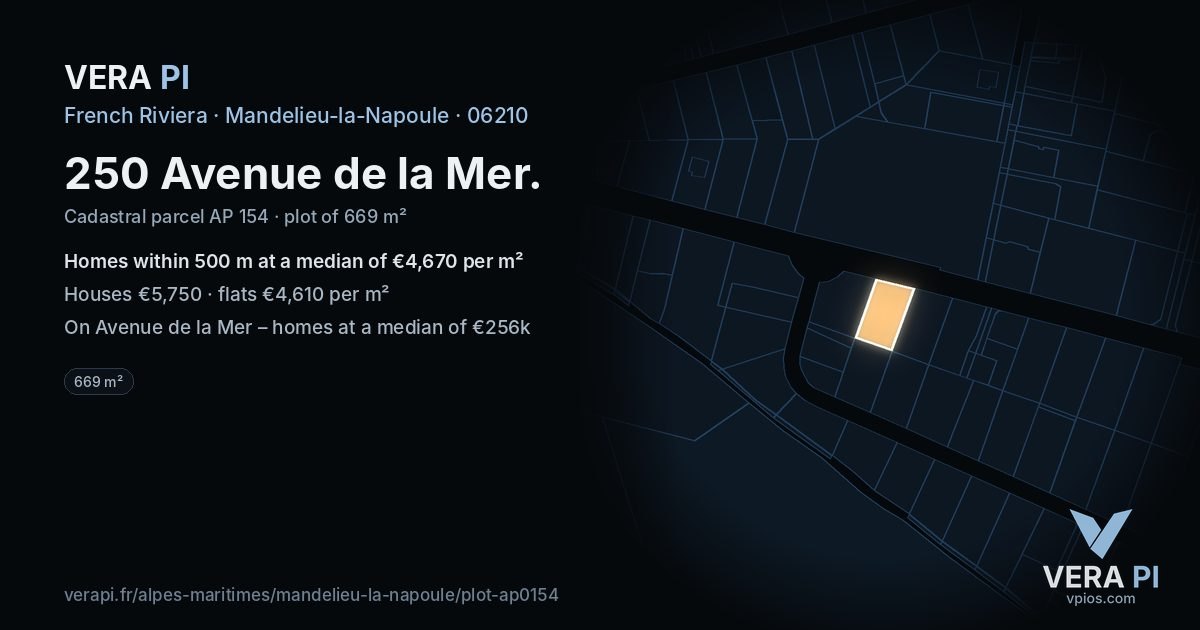 250 Avenue de la Mer, Mandelieu-la-Napoule at night – the plot lit, the parcels around coloured by the prices near them