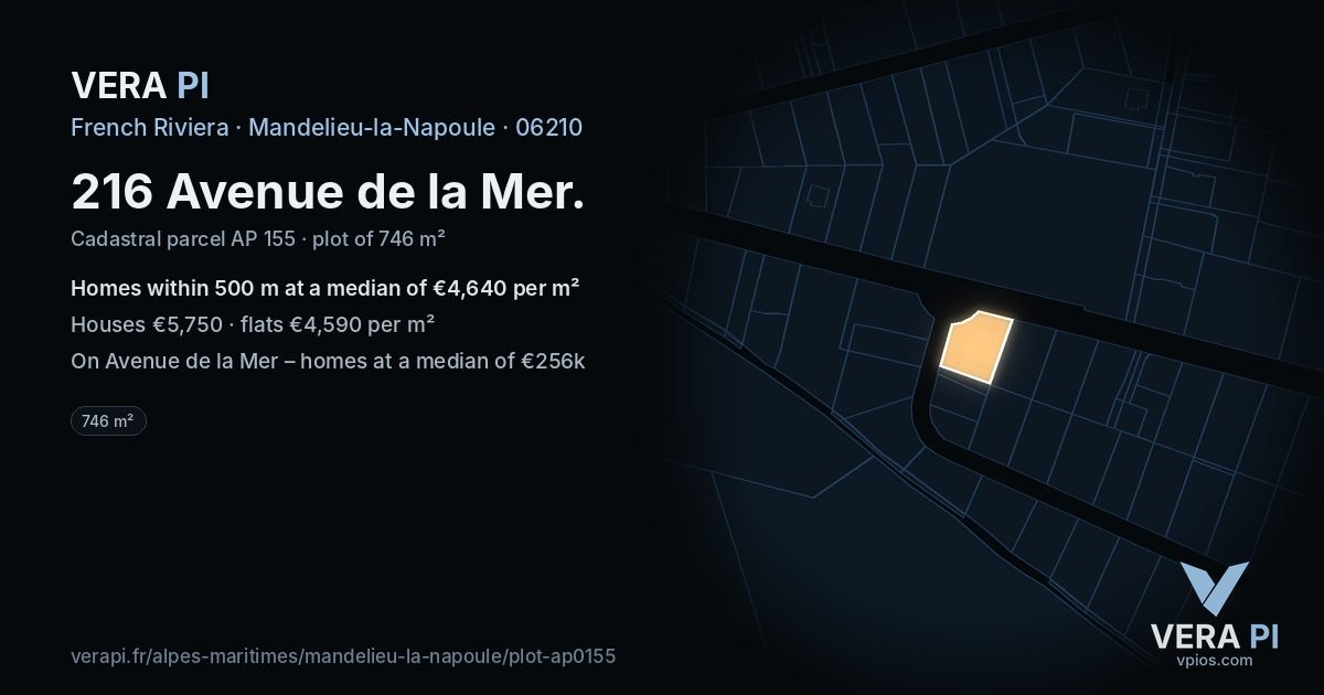 216 Avenue de la Mer, Mandelieu-la-Napoule at night – the plot lit, the parcels around coloured by the prices near them