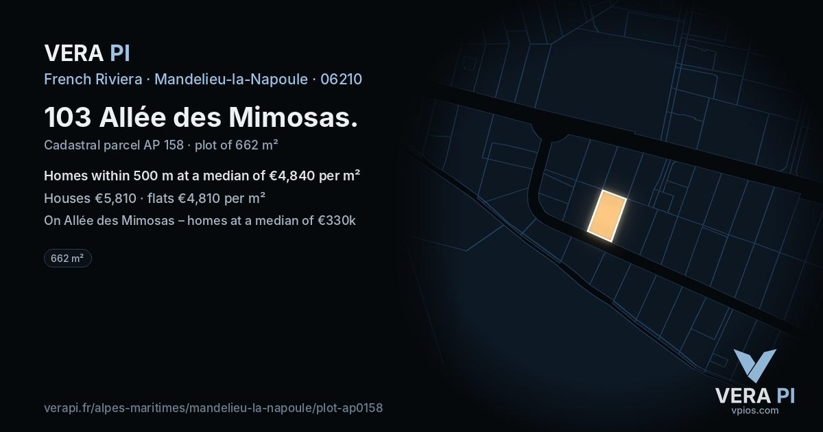 103 Allée des Mimosas, Mandelieu-la-Napoule at night – the plot lit, the parcels around coloured by the prices near them