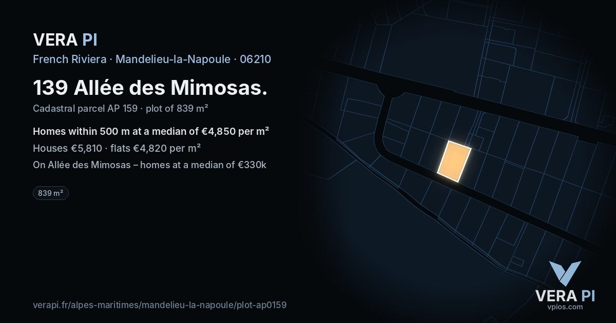 139 Allée des Mimosas, Mandelieu-la-Napoule at night – the plot lit, the parcels around coloured by the prices near them