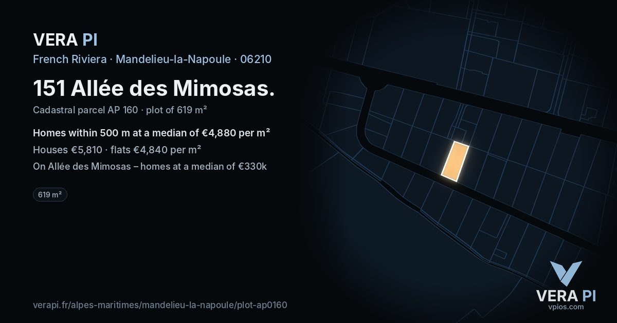 151 Allée des Mimosas, Mandelieu-la-Napoule at night – the plot lit, the parcels around coloured by the prices near them