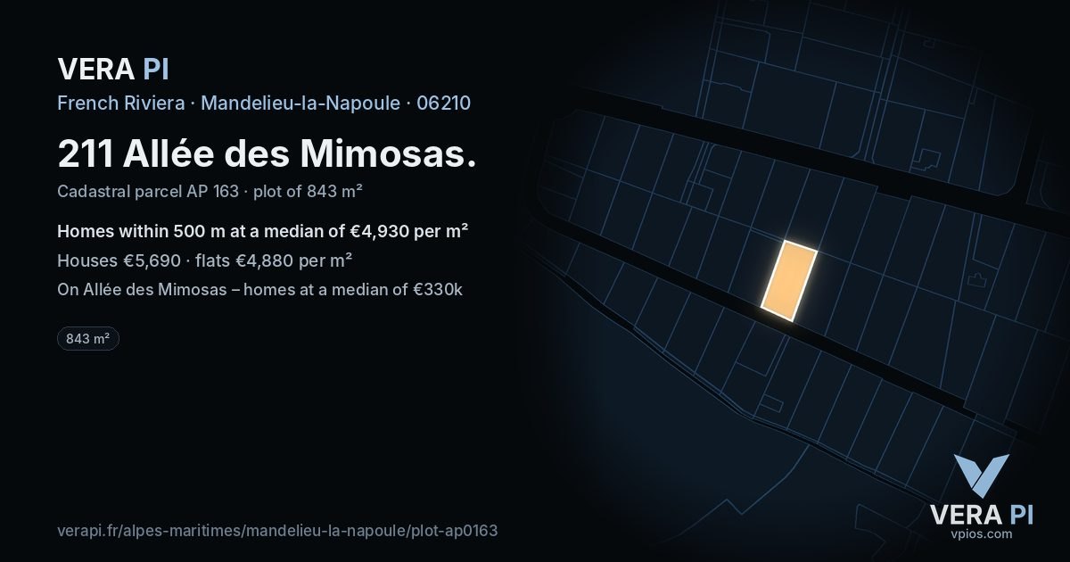 211 Allée des Mimosas, Mandelieu-la-Napoule at night – the plot lit, the parcels around coloured by the prices near them