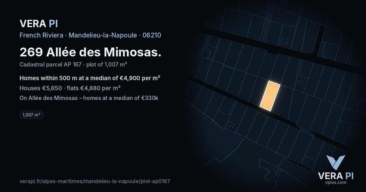 269 Allée des Mimosas, Mandelieu-la-Napoule at night – the plot lit, the parcels around coloured by the prices near them
