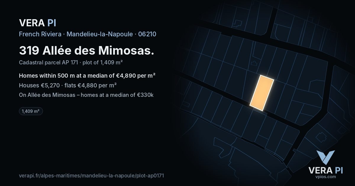 319 Allée des Mimosas, Mandelieu-la-Napoule at night – the plot lit, the parcels around coloured by the prices near them