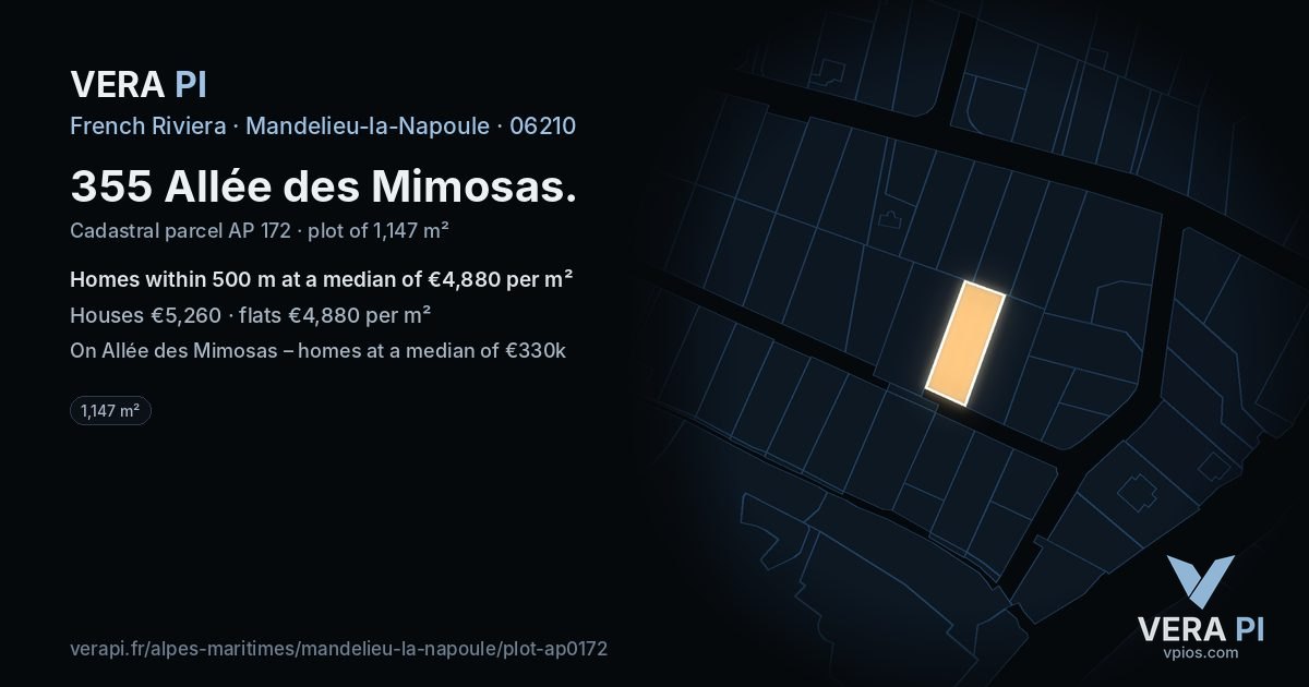 355 Allée des Mimosas, Mandelieu-la-Napoule at night – the plot lit, the parcels around coloured by the prices near them