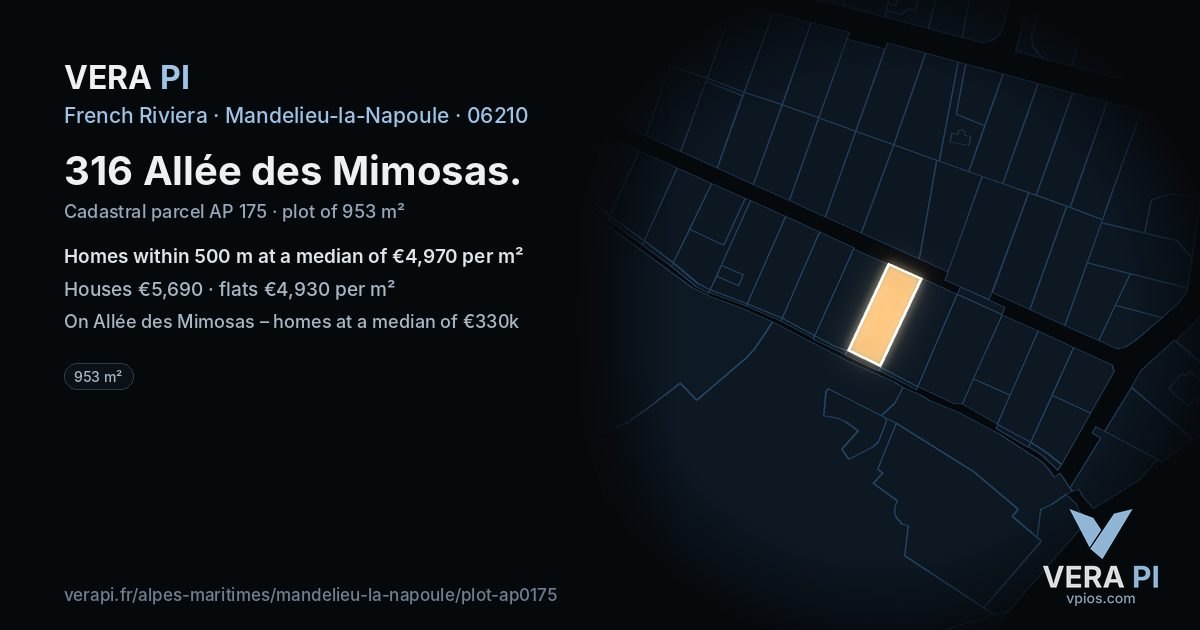 316 Allée des Mimosas, Mandelieu-la-Napoule at night – the plot lit, the parcels around coloured by the prices near them