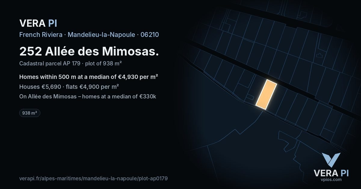 252 Allée des Mimosas, Mandelieu-la-Napoule at night – the plot lit, the parcels around coloured by the prices near them