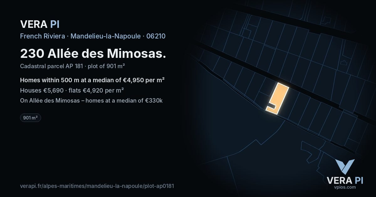 230 Allée des Mimosas, Mandelieu-la-Napoule at night – the plot lit, the parcels around coloured by the prices near them