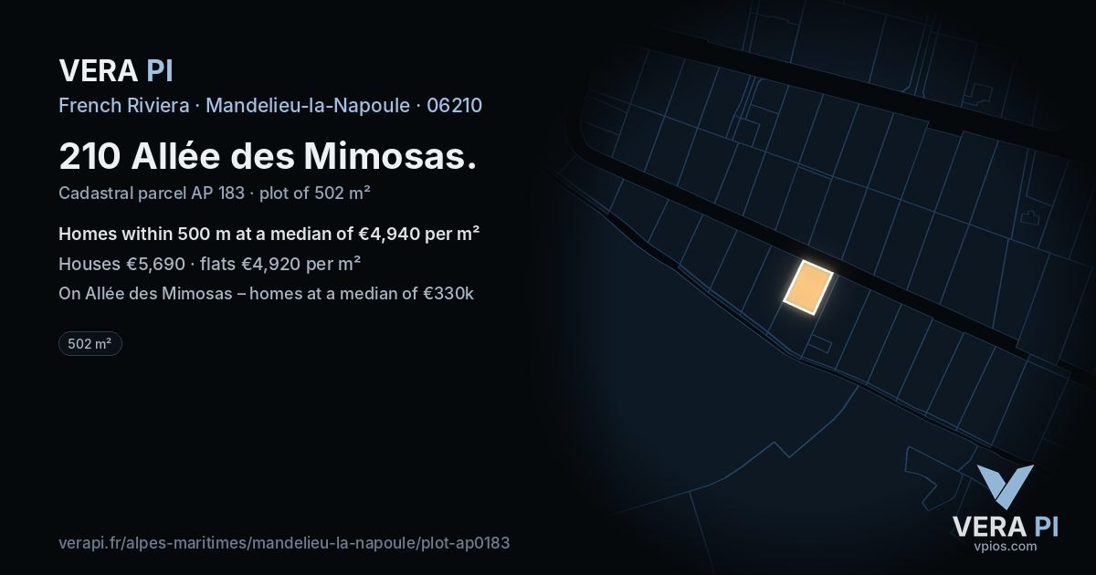 210 Allée des Mimosas, Mandelieu-la-Napoule at night – the plot lit, the parcels around coloured by the prices near them