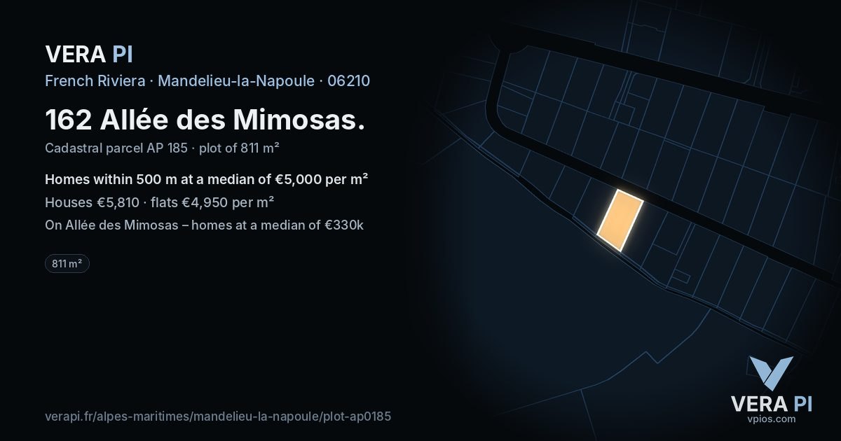 162 Allée des Mimosas, Mandelieu-la-Napoule at night – the plot lit, the parcels around coloured by the prices near them