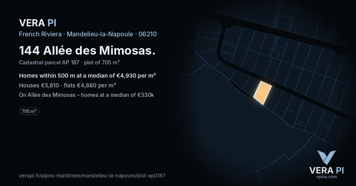 144 Allée des Mimosas, Mandelieu-la-Napoule at night – the plot lit, the parcels around coloured by the prices near them