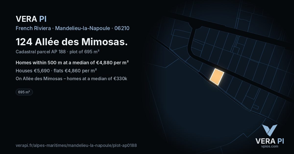 124 Allée des Mimosas, Mandelieu-la-Napoule at night – the plot lit, the parcels around coloured by the prices near them