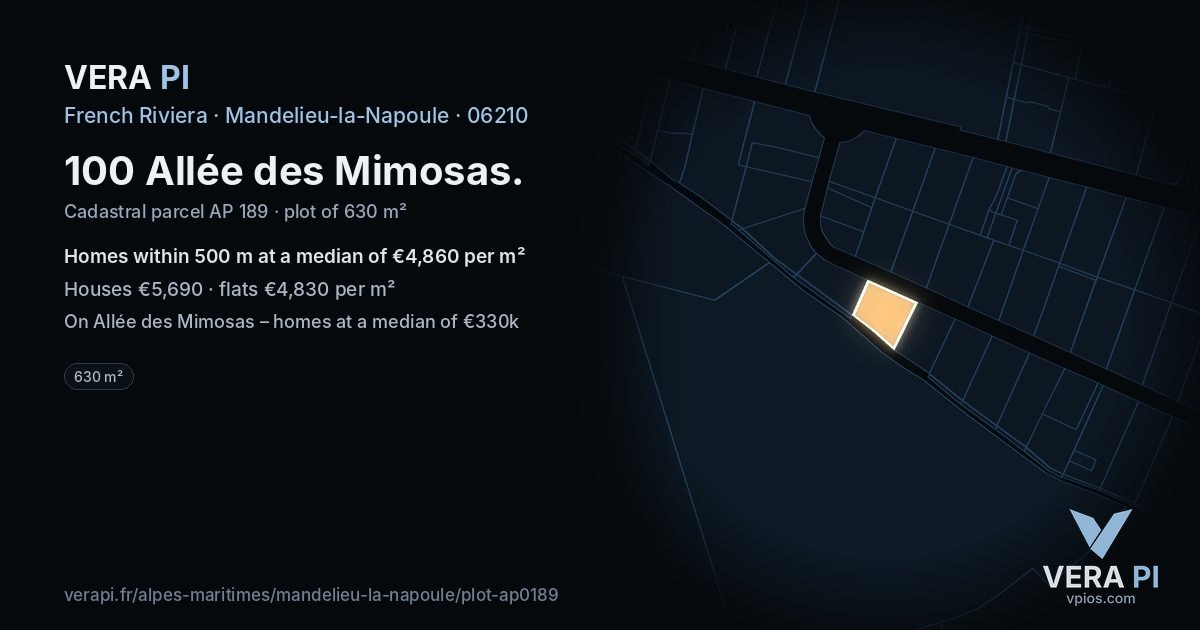 100 Allée des Mimosas, Mandelieu-la-Napoule at night – the plot lit, the parcels around coloured by the prices near them