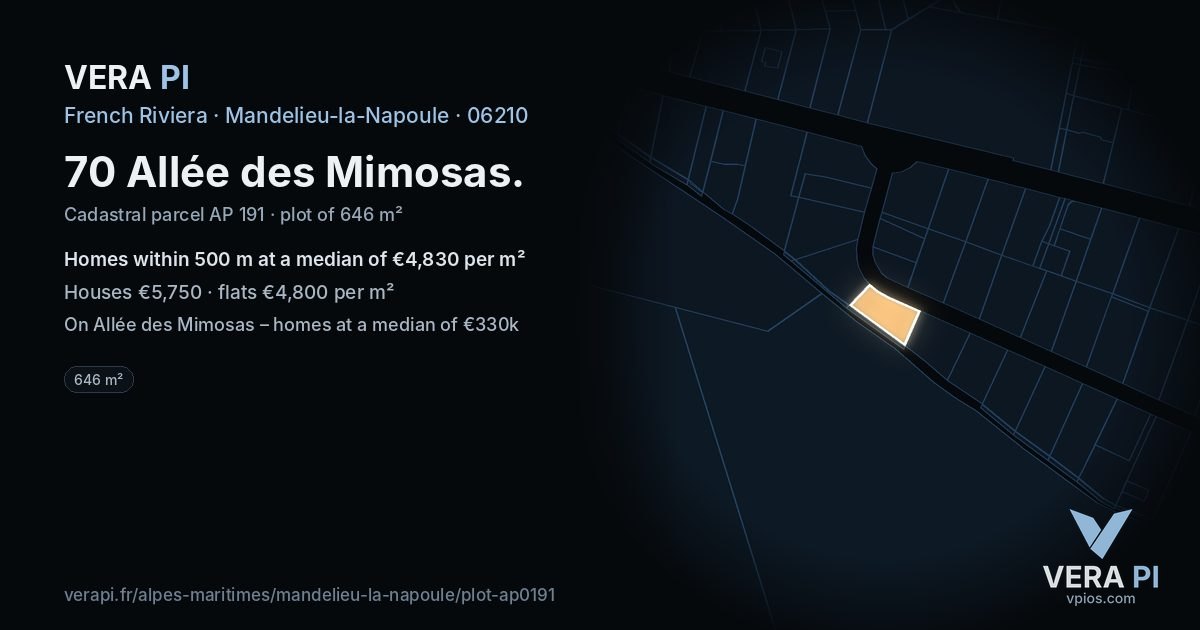 70 Allée des Mimosas, Mandelieu-la-Napoule at night – the plot lit, the parcels around coloured by the prices near them