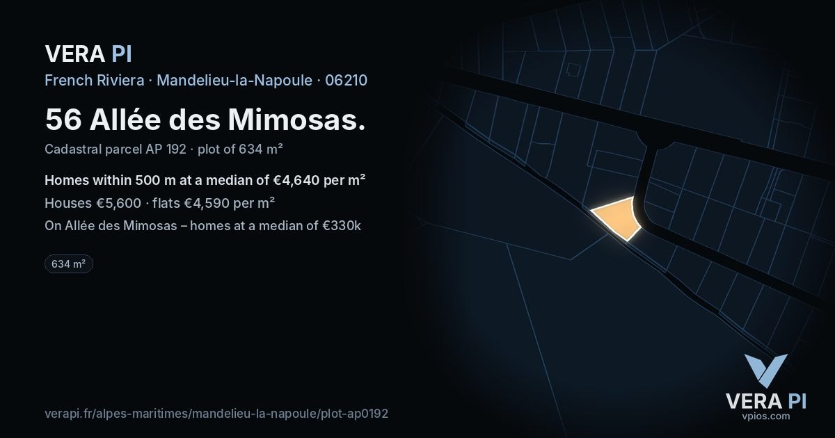 56 Allée des Mimosas, Mandelieu-la-Napoule at night – the plot lit, the parcels around coloured by the prices near them