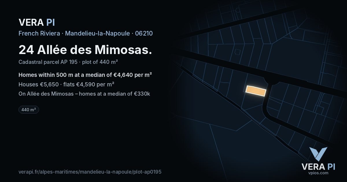 24 Allée des Mimosas, Mandelieu-la-Napoule at night – the plot lit, the parcels around coloured by the prices near them