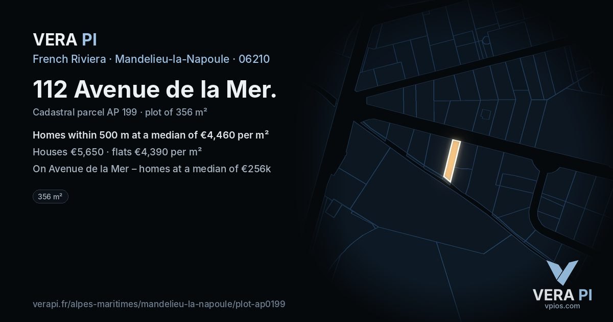 112 Avenue de la Mer, Mandelieu-la-Napoule at night – the plot lit, the parcels around coloured by the prices near them