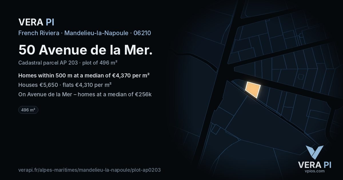 50 Avenue de la Mer, Mandelieu-la-Napoule at night – the plot lit, the parcels around coloured by the prices near them