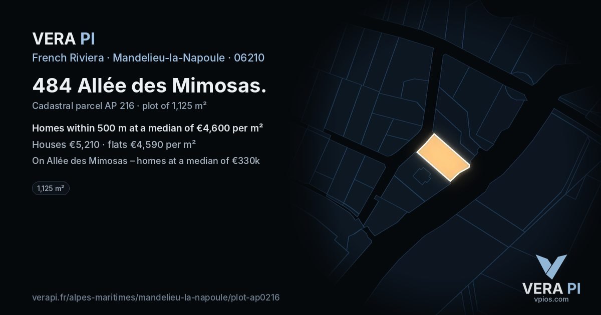 484 Allée des Mimosas, Mandelieu-la-Napoule at night – the plot lit, the parcels around coloured by the prices near them