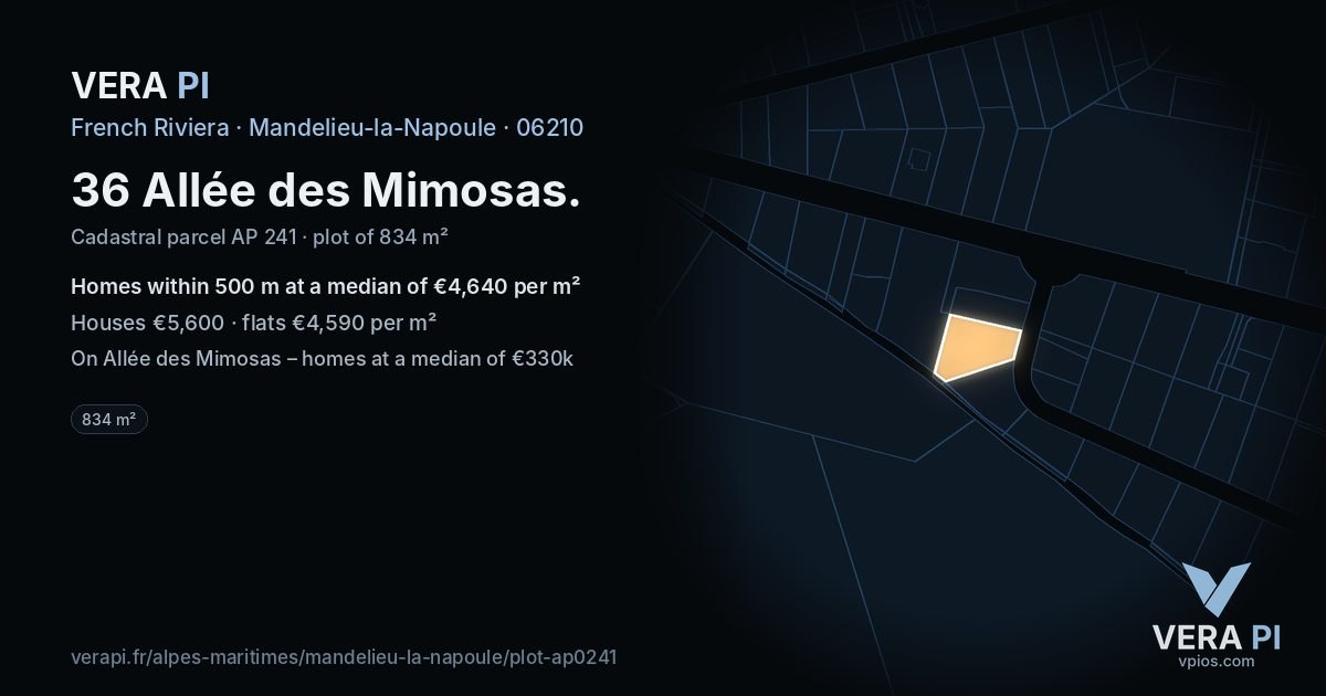36 Allée des Mimosas, Mandelieu-la-Napoule at night – the plot lit, the parcels around coloured by the prices near them