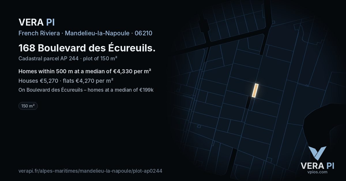 168 Boulevard des Écureuils, Mandelieu-la-Napoule at night – the plot lit, the parcels around coloured by the prices near them