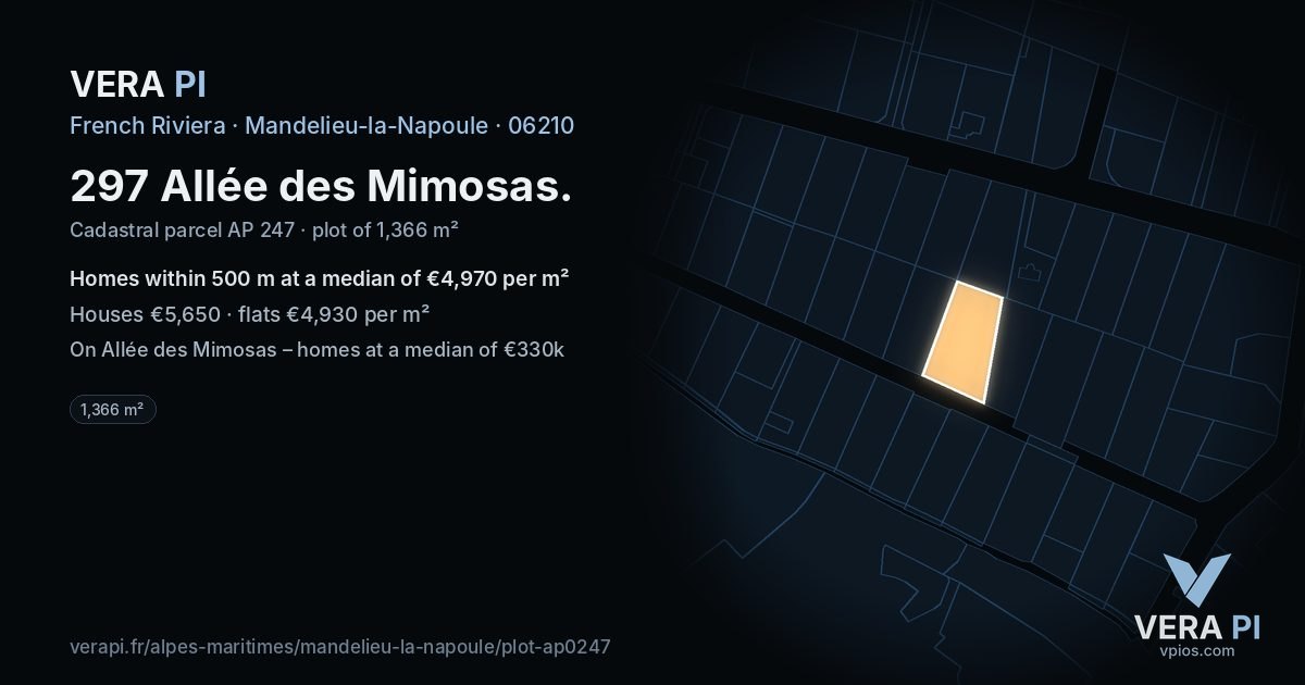 297 Allée des Mimosas, Mandelieu-la-Napoule at night – the plot lit, the parcels around coloured by the prices near them