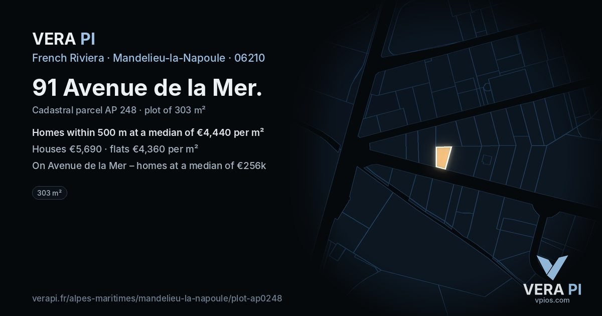 91 Avenue de la Mer, Mandelieu-la-Napoule at night – the plot lit, the parcels around coloured by the prices near them