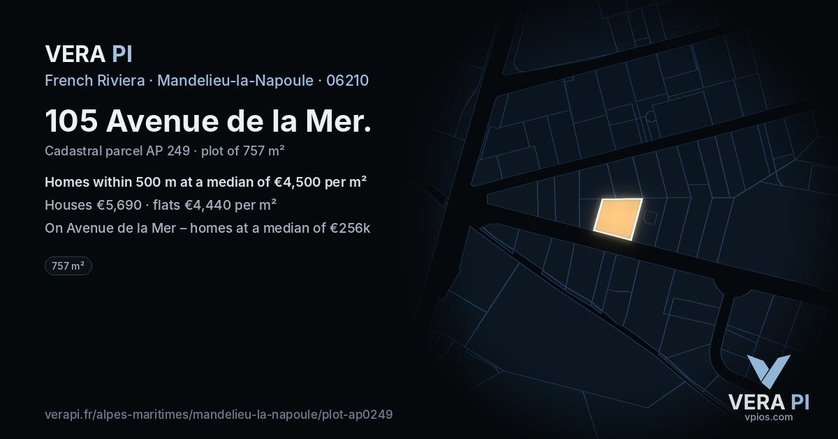 105 Avenue de la Mer, Mandelieu-la-Napoule at night – the plot lit, the parcels around coloured by the prices near them