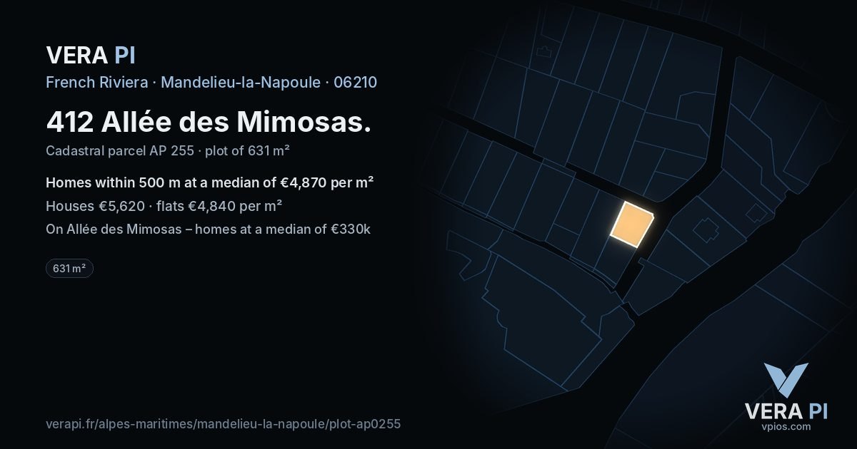 412 Allée des Mimosas, Mandelieu-la-Napoule at night – the plot lit, the parcels around coloured by the prices near them
