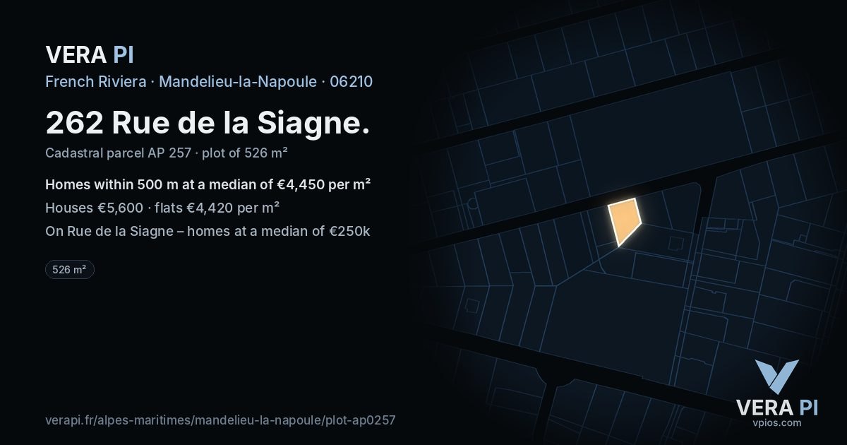 262 Rue de la Siagne, Mandelieu-la-Napoule at night – the plot lit, the parcels around coloured by the prices near them