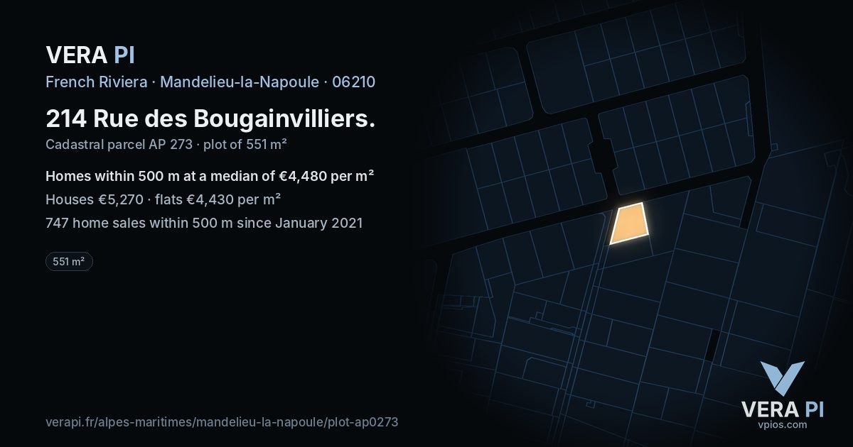 214 Rue des Bougainvilliers, Mandelieu-la-Napoule at night – the plot lit, the parcels around coloured by the prices near them