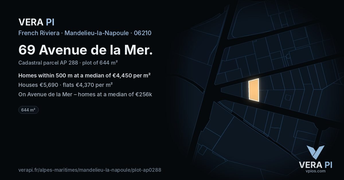 69 Avenue de la Mer, Mandelieu-la-Napoule at night – the plot lit, the parcels around coloured by the prices near them