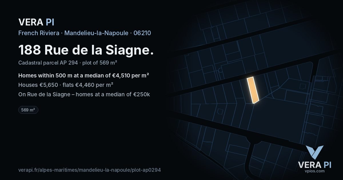188 Rue de la Siagne, Mandelieu-la-Napoule at night – the plot lit, the parcels around coloured by the prices near them