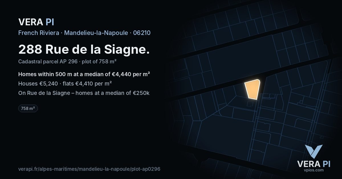 288 Rue de la Siagne, Mandelieu-la-Napoule at night – the plot lit, the parcels around coloured by the prices near them