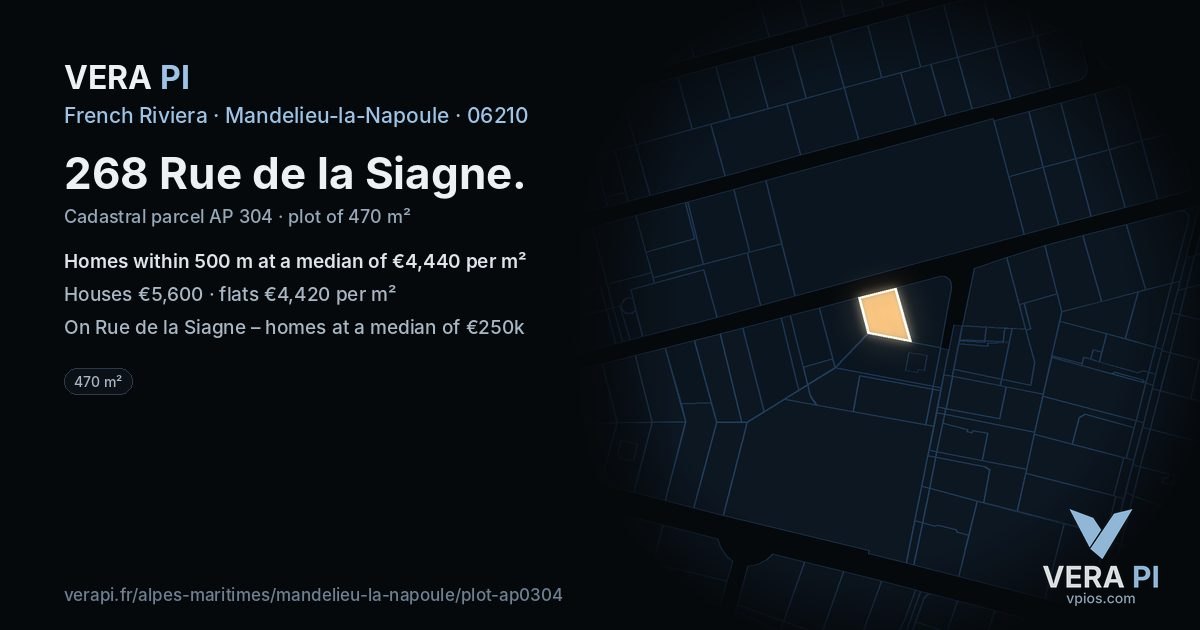 268 Rue de la Siagne, Mandelieu-la-Napoule at night – the plot lit, the parcels around coloured by the prices near them