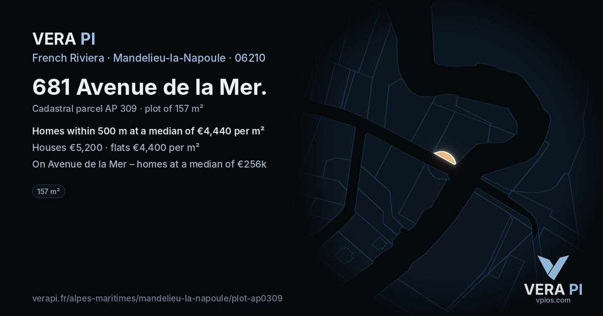 681 Avenue de la Mer, Mandelieu-la-Napoule at night – the plot lit, the parcels around coloured by the prices near them