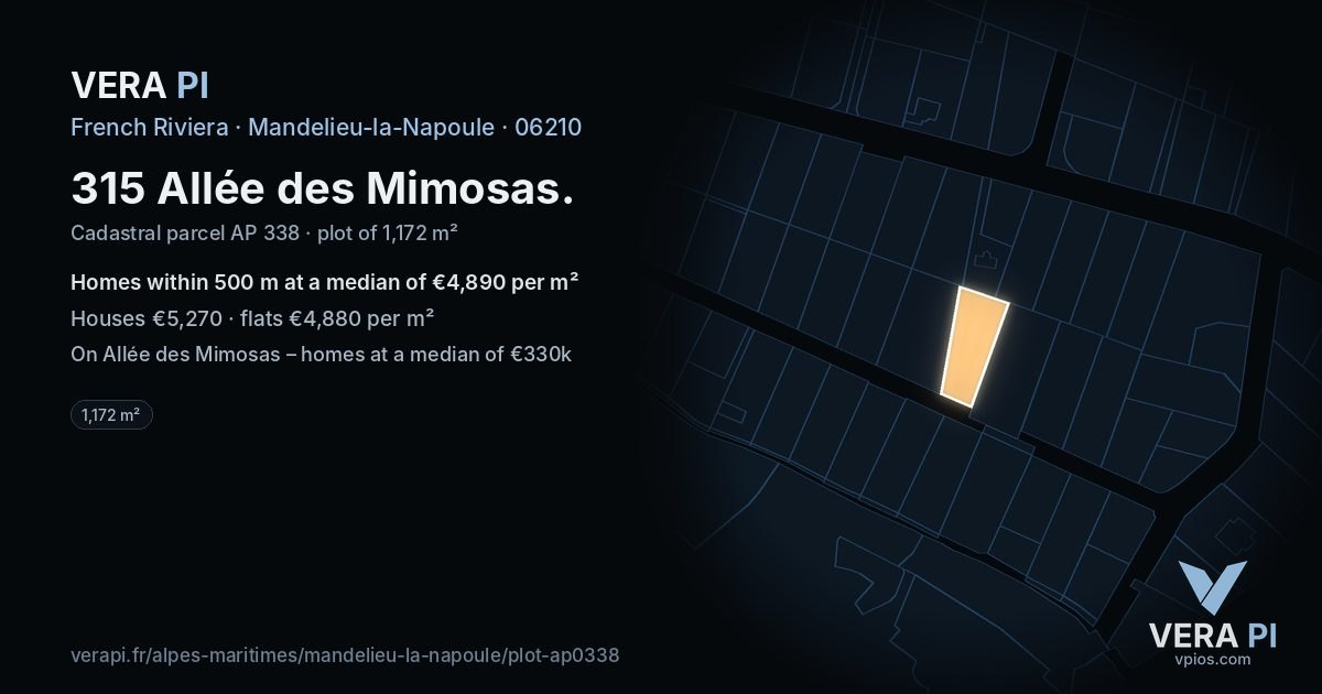 315 Allée des Mimosas, Mandelieu-la-Napoule at night – the plot lit, the parcels around coloured by the prices near them