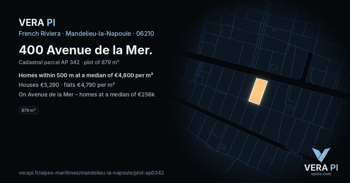 400 Avenue de la Mer, Mandelieu-la-Napoule at night – the plot lit, the parcels around coloured by the prices near them