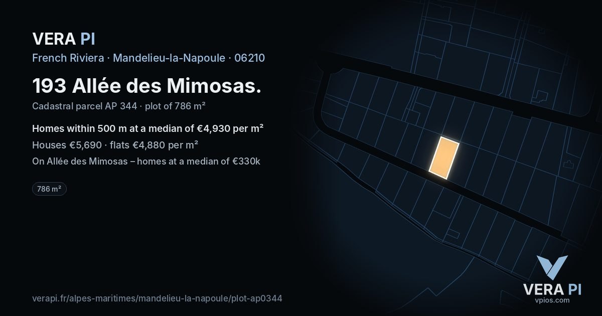 193 Allée des Mimosas, Mandelieu-la-Napoule at night – the plot lit, the parcels around coloured by the prices near them
